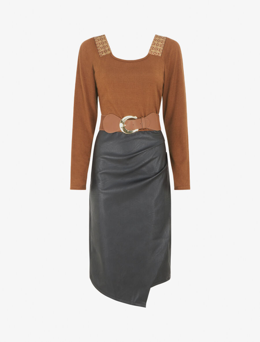 Robe bimatière effet portefeuille à col stylisé - Camel - 5