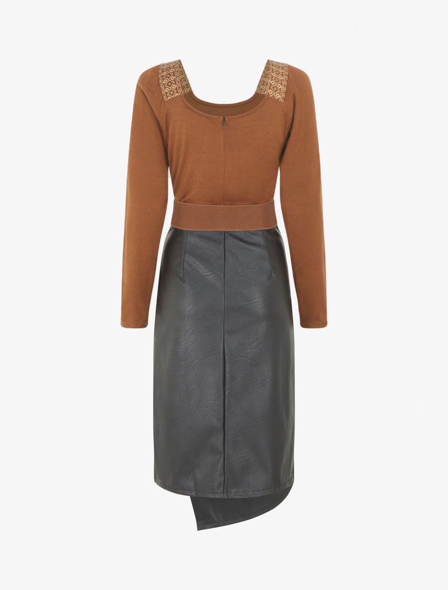 Robe bimatière effet portefeuille à col stylisé - Camel - 2