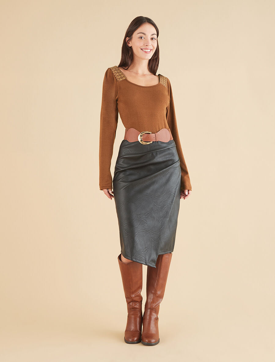 Robe bimatière effet portefeuille à col stylisé - Camel - 4