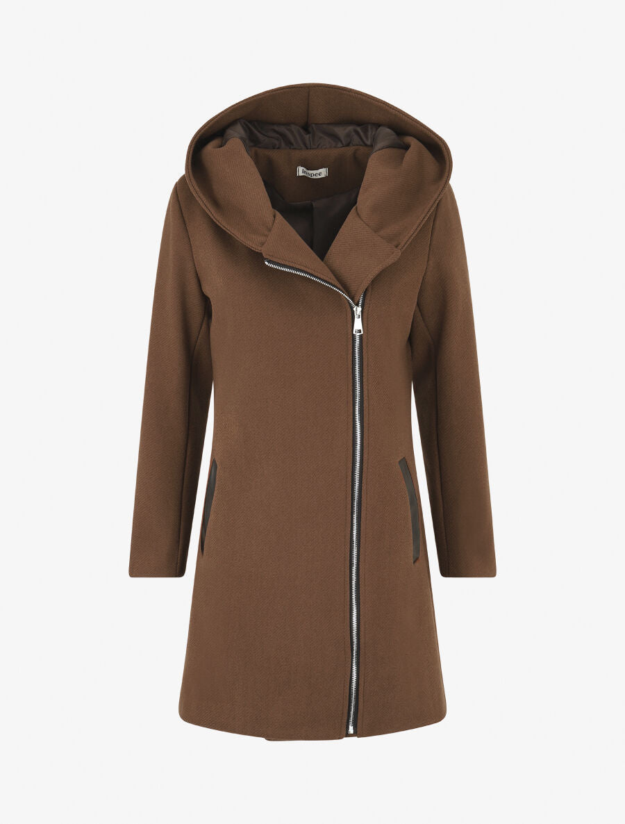 Manteau zippé à poches contrastantes en simili - Marron - 1