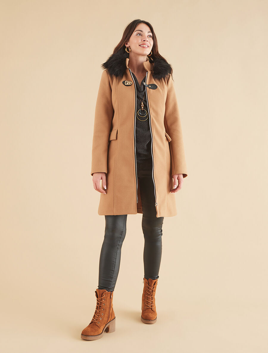 Manteau long unie zippée - Camel - 5
