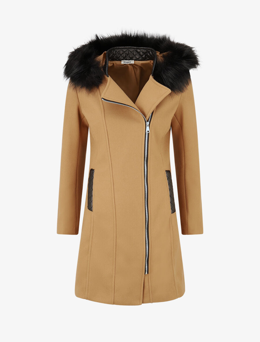Manteau long à capuche et fourrure synthétique - Camel - 1