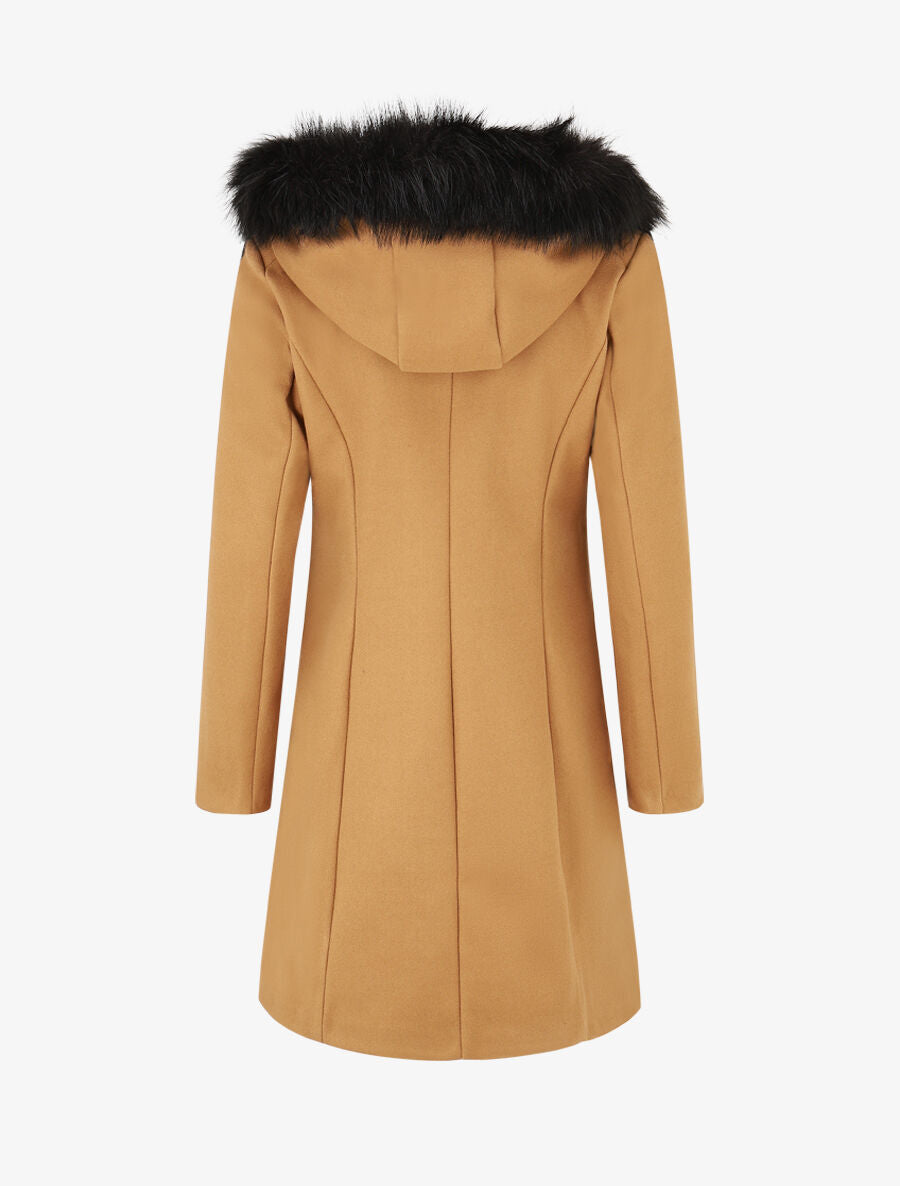 Manteau long à capuche et fourrure synthétique - Camel - 2
