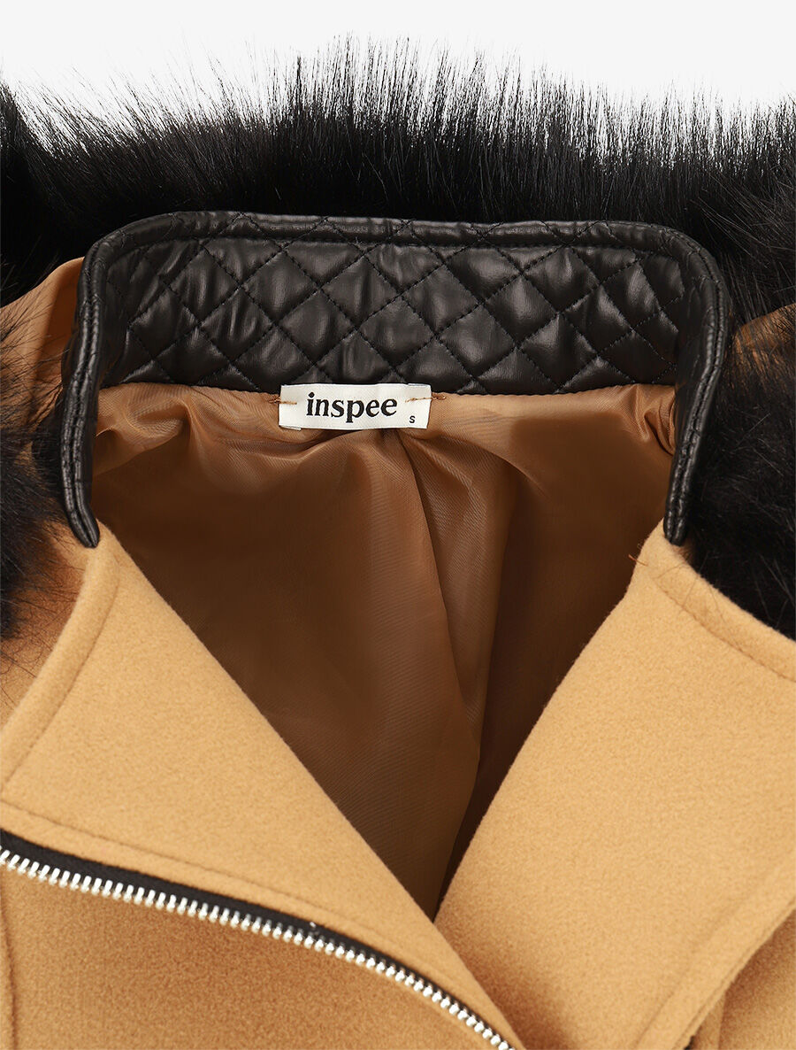 Manteau long à capuche et fourrure synthétique - Camel - 3