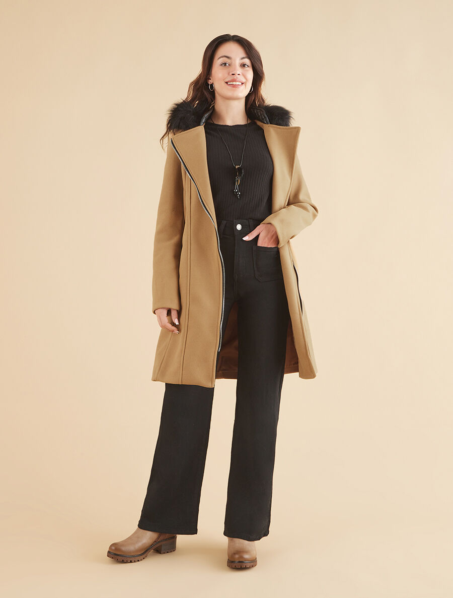 Manteau long à capuche et fourrure synthétique - Camel - 5