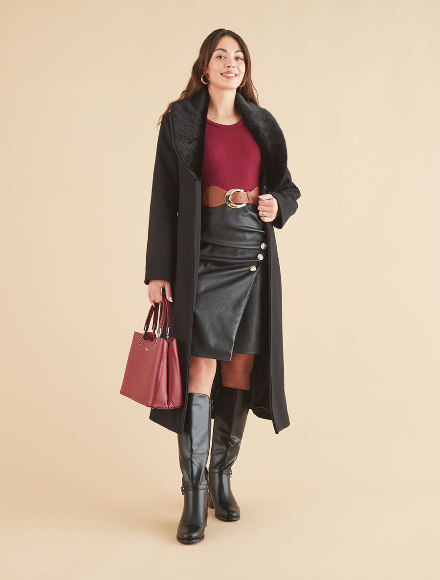 Manteau long à col en fourrure synthétique - Noir - 5