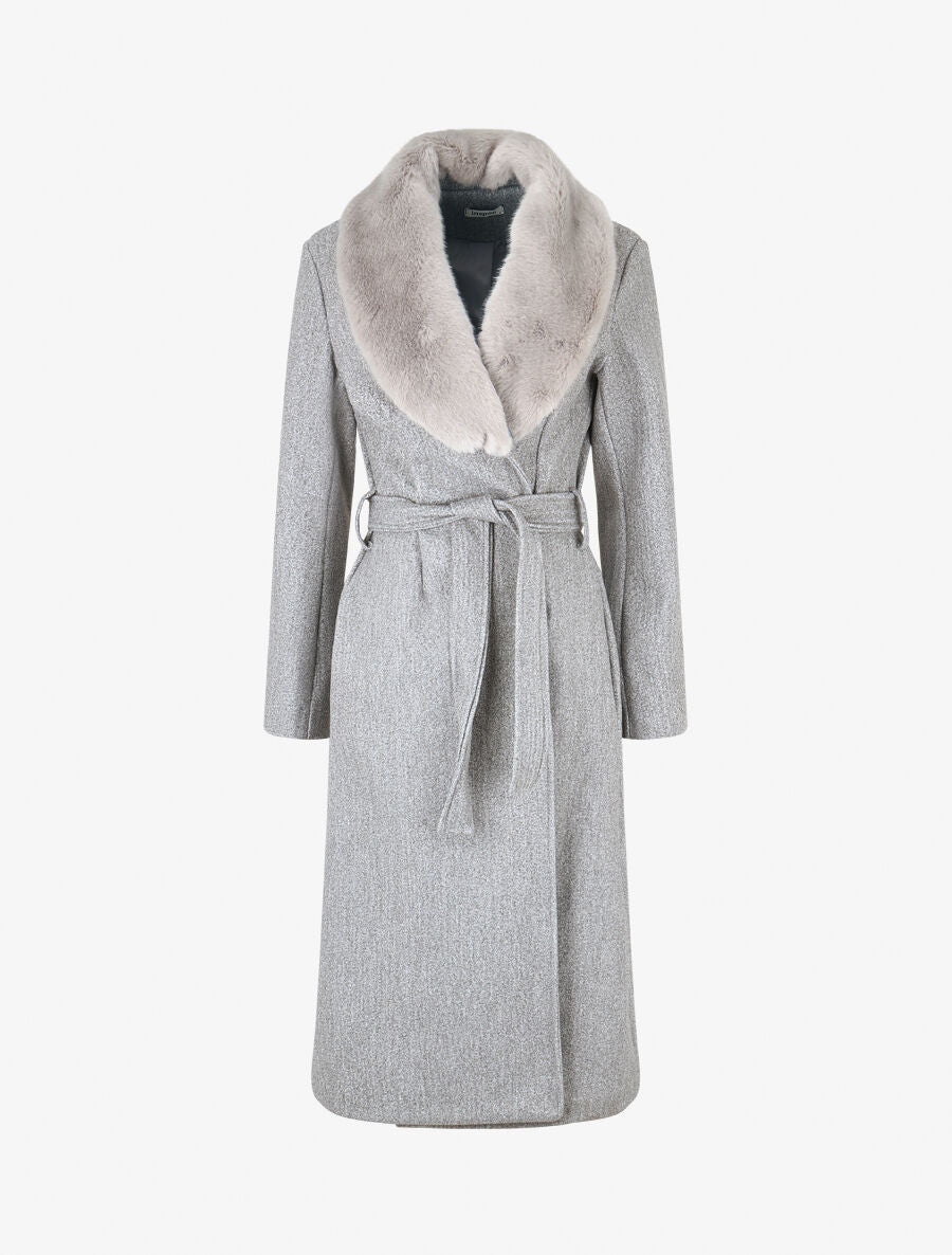 Manteau long à col en fourrure synthétique - Gris - 6