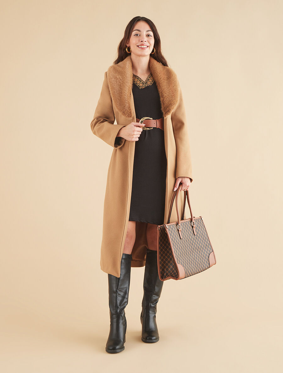 Manteau long à col en fourrure synthétique - Camel - 5