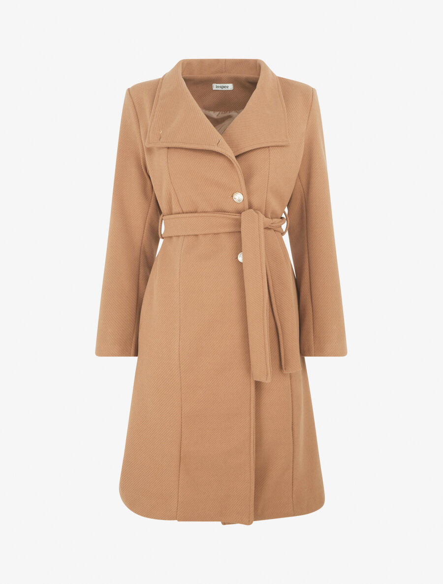 Manteau long uni à boutons marins dorés - Camel - 1