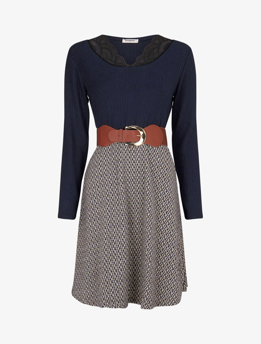 Robe patineuse à jupe irisée et imprimé zig-zag - Marine - 1