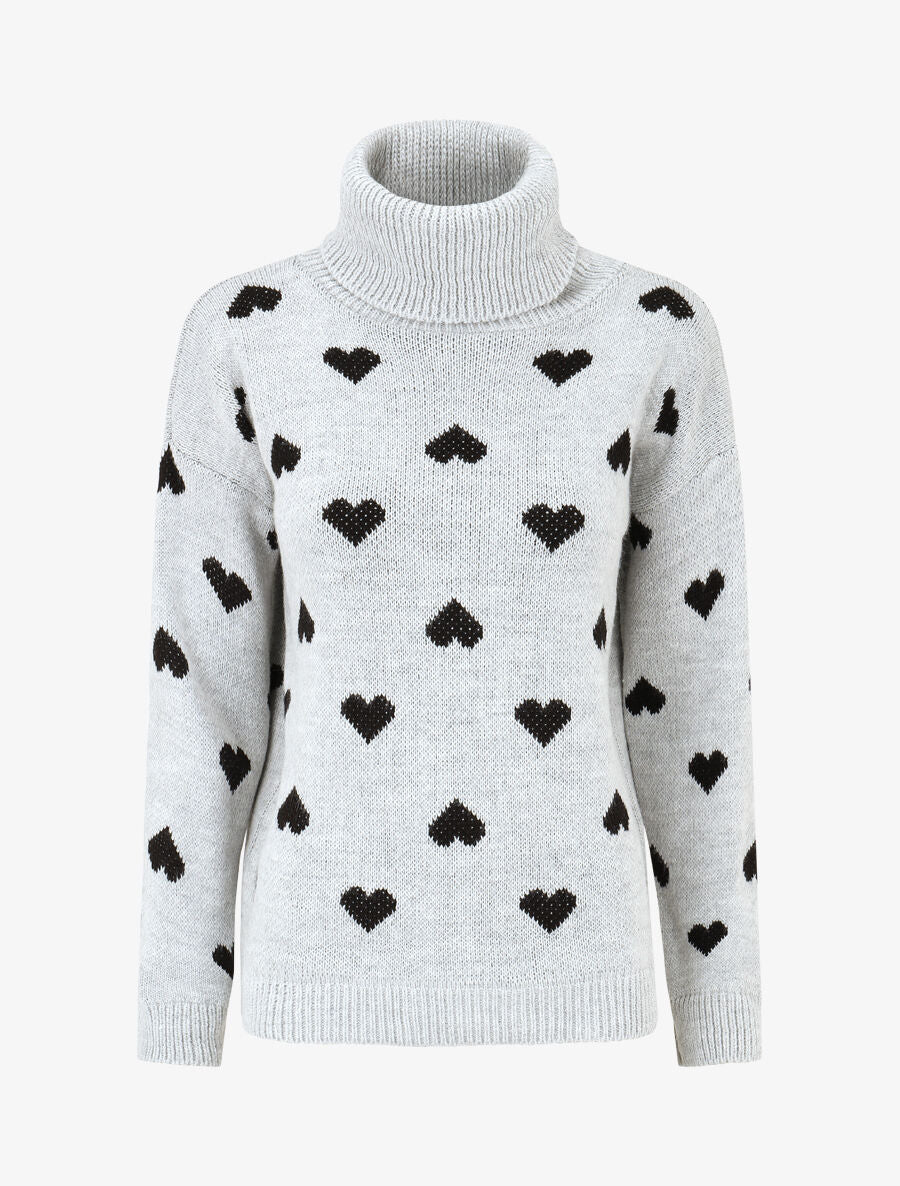 Pull col roulé à imprimé coeurs - Gris - 1