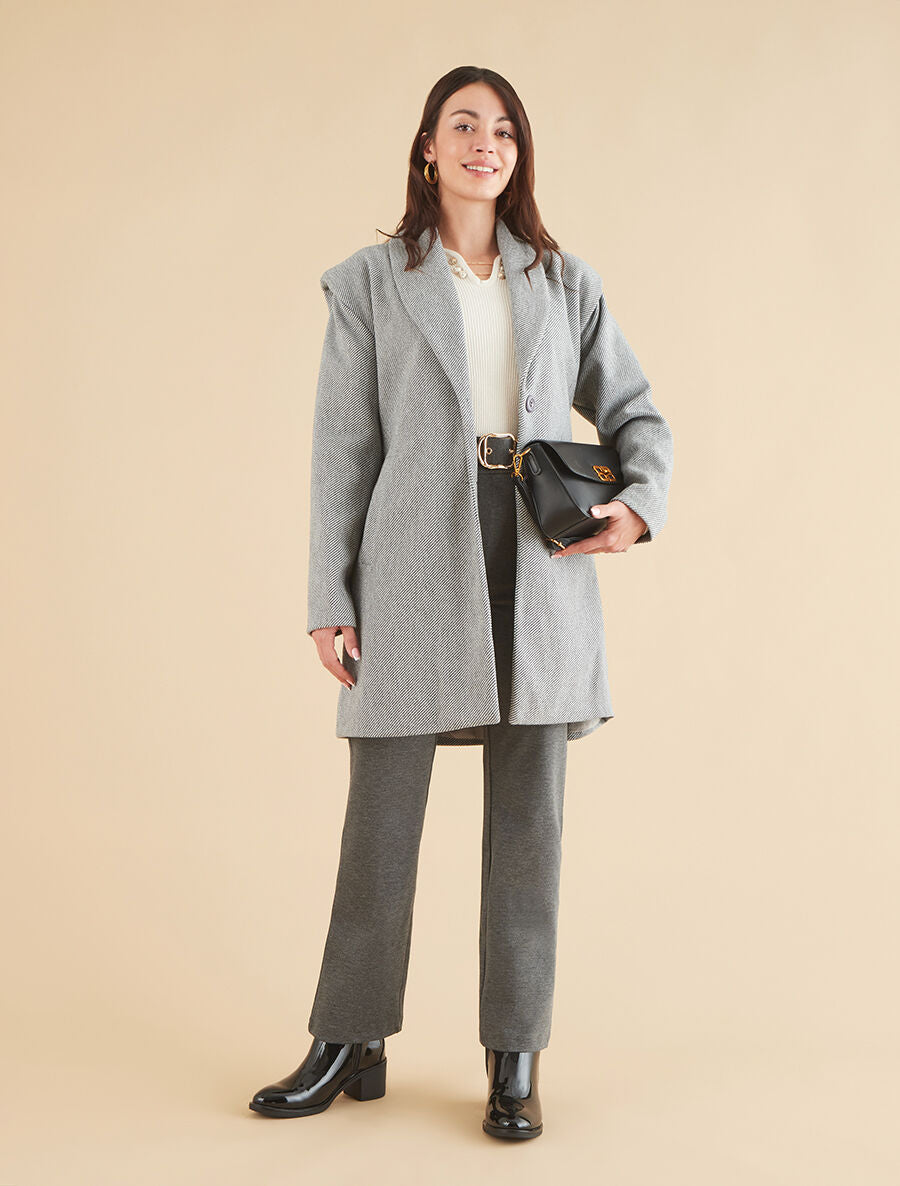 Manteau long boutonné et ceinturé - Gris/noir - 4
