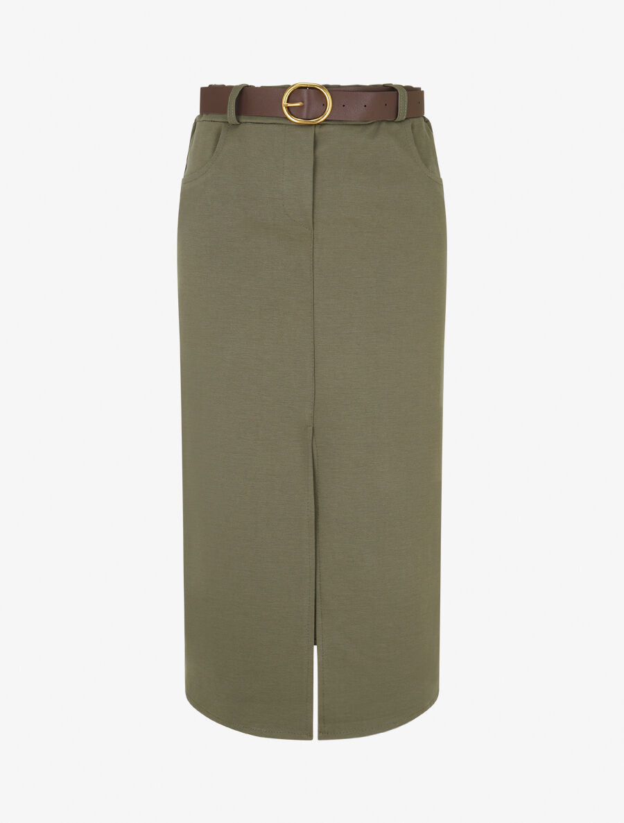 Jupe unie fendue à taille élastiquée - Kaki - 1
