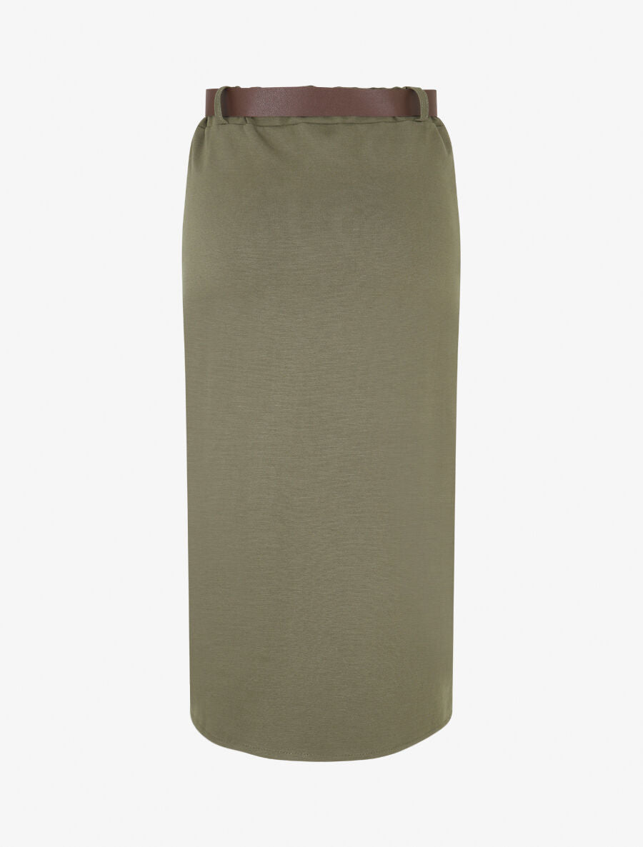 Jupe unie fendue à taille élastiquée - Kaki - 2