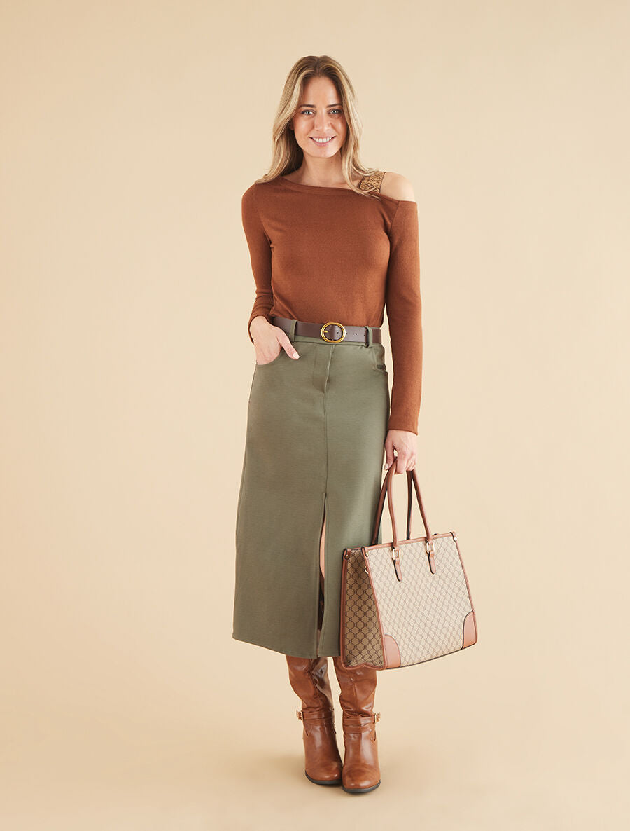 Jupe unie fendue à taille élastiquée - Kaki - 4