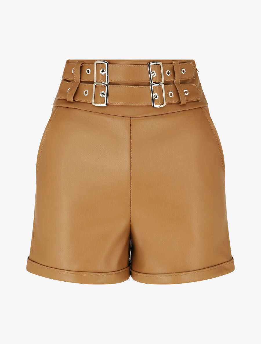 Short en simili à double passants décoratifs - Camel - 1