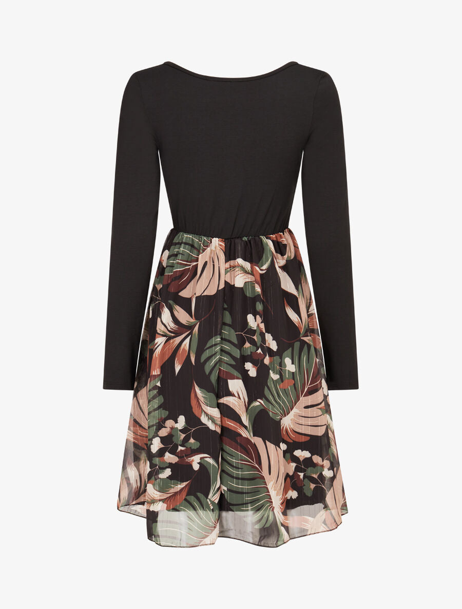Robe patineuse à jupe imprimé plantes tropicales lamé - Noir - 2