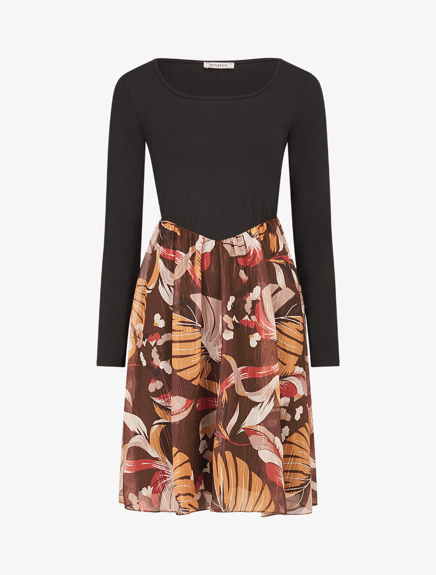 Robe patineuse à jupe imprimé plantes tropicales lamé - Marron - 1