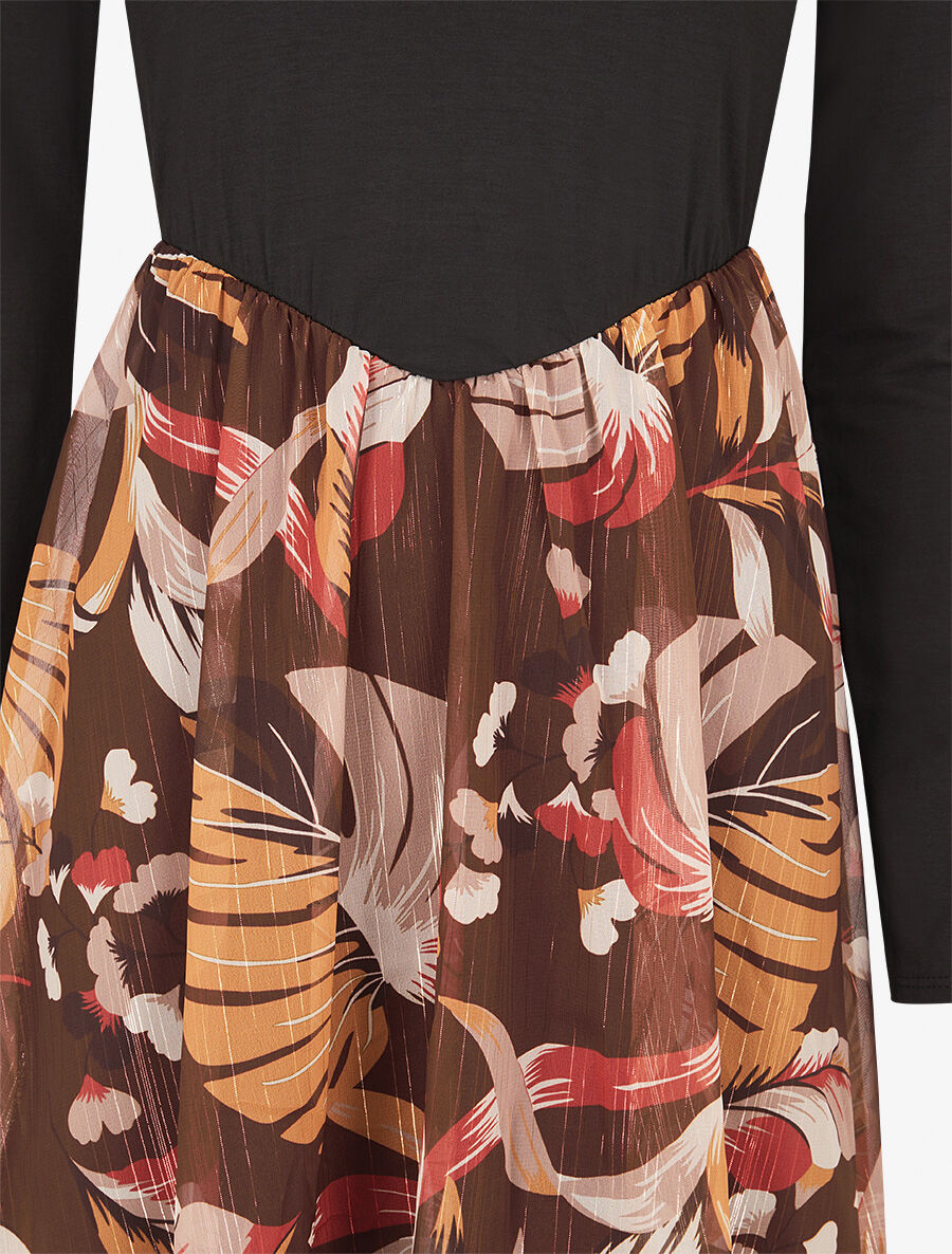 Robe patineuse à jupe imprimé plantes tropicales lamé - Marron - 3