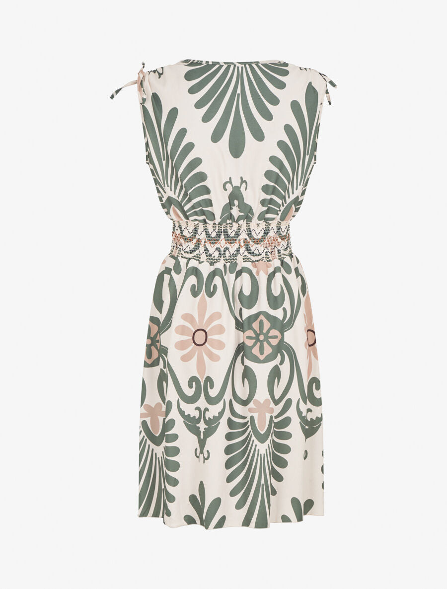 Robe élastiquée à imprimé ikat - Kaki - 2