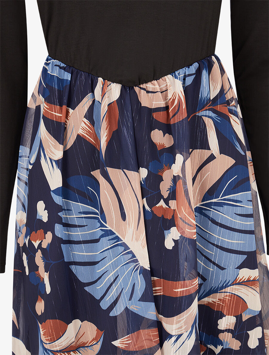 Robe patineuse à jupe imprimé plantes tropicales lamé - Bleu - 3