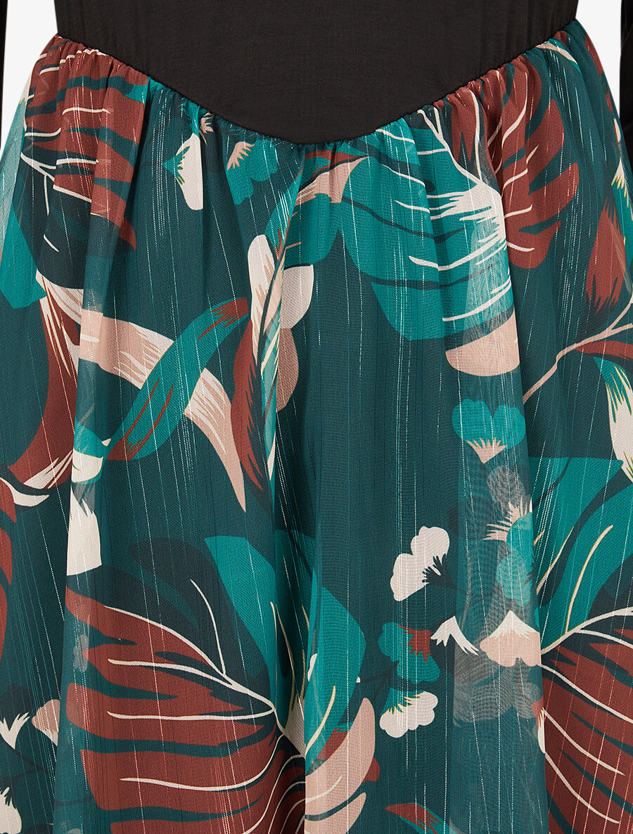 Robe patineuse à jupe imprimé plantes tropicales lamé - Vert sapin - 3