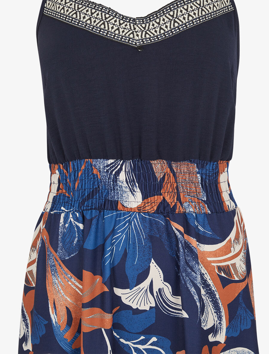 Robe longue à fines bretelles imprimé feuilles - Marine - 3