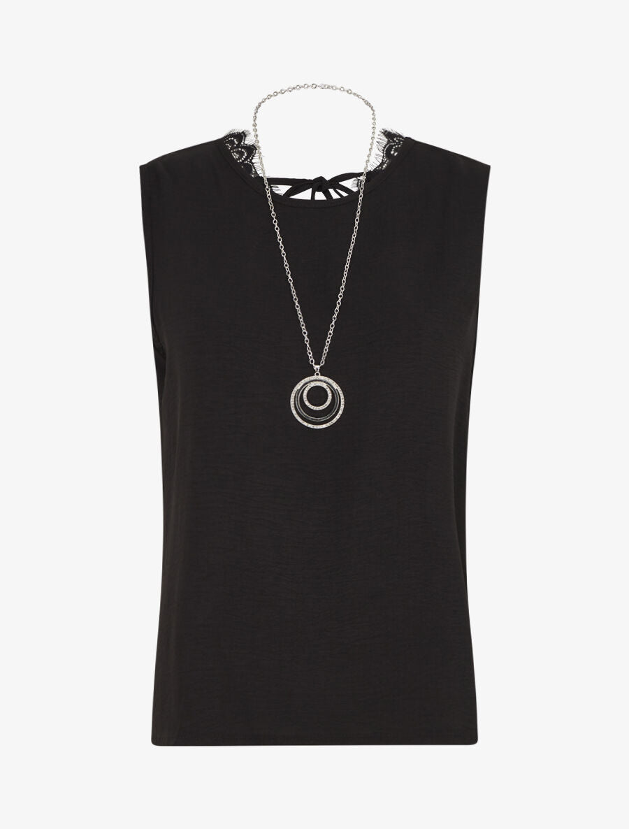 Top sans manches droit col dentelle - Noir - 1