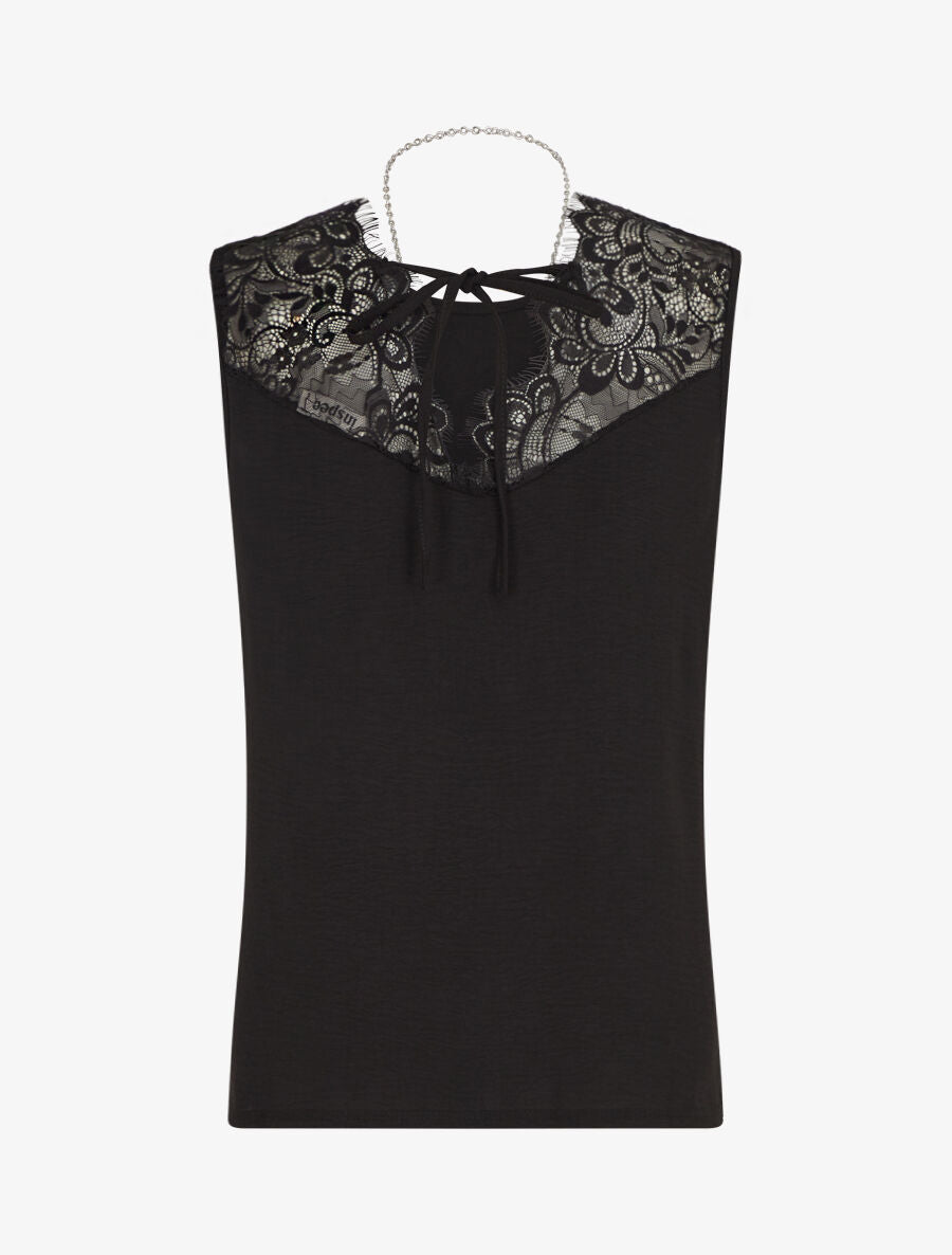 Top sans manches droit col dentelle - Noir - 2