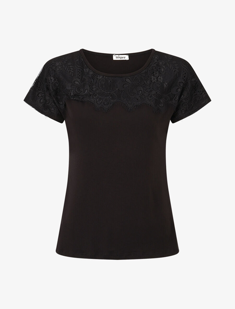 T-shirt droit manches courtes col rond à dentelle - Noir - 1