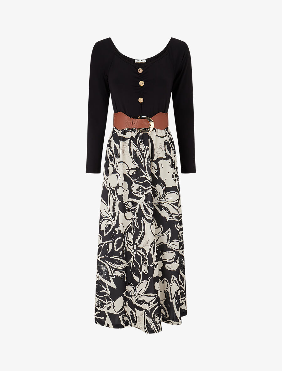 Robe évasée à jupe imprimé fleurs - Noir - 1
