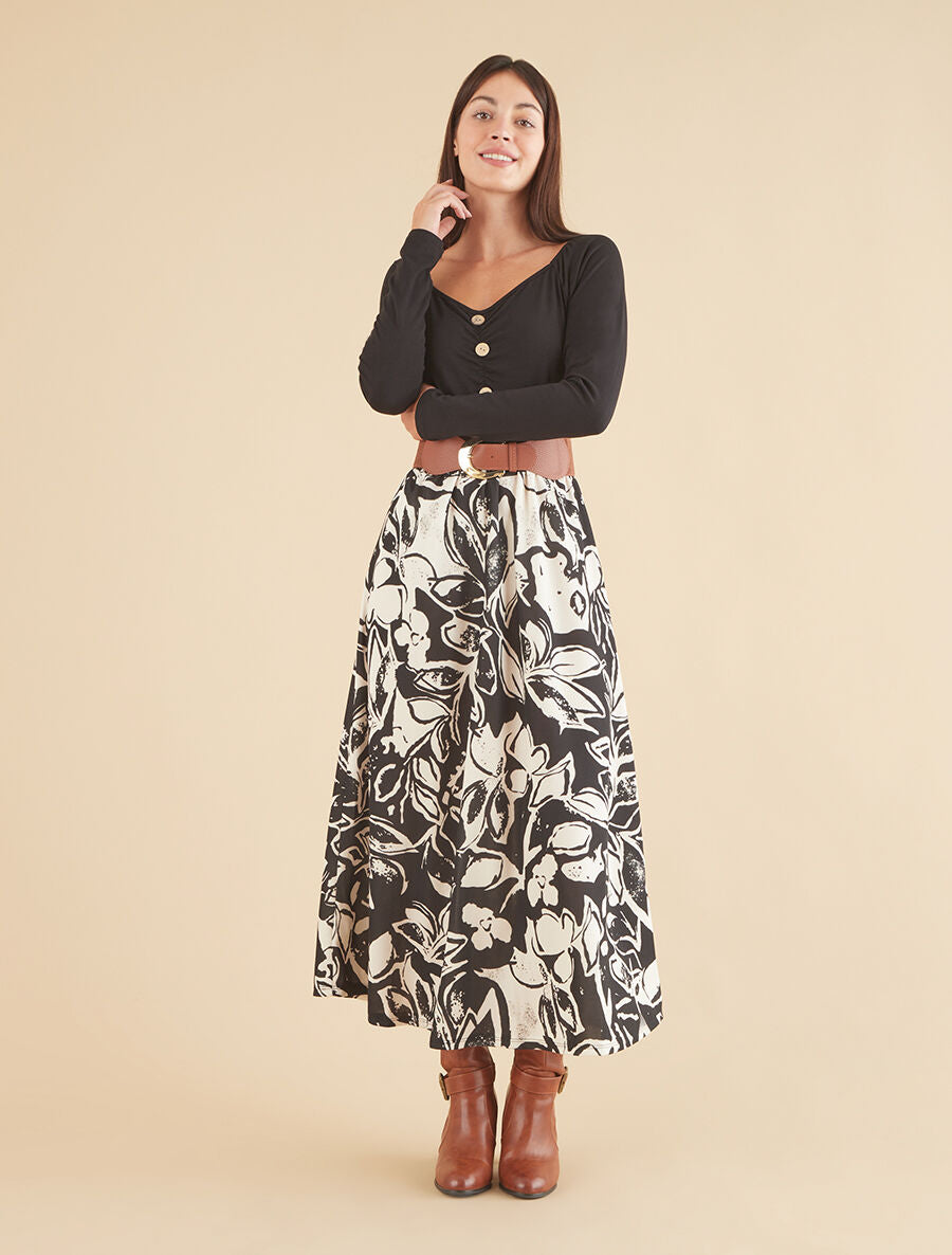 Robe évasée à jupe imprimé fleurs - Noir - 4