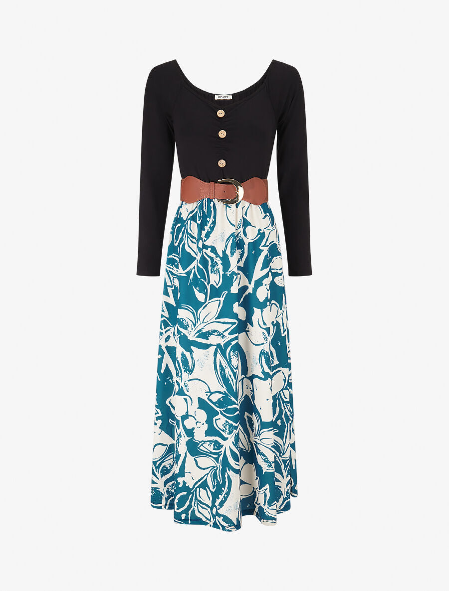 Robe évasée à jupe imprimé fleurs - Bleu pétrole - 1