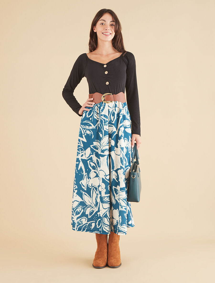 Robe évasée à jupe imprimé fleurs - Bleu pétrole - 4