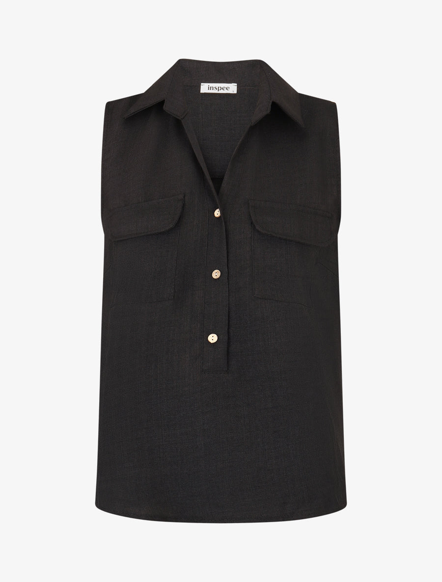 Top uni boutonné effet lin - Noir - 1