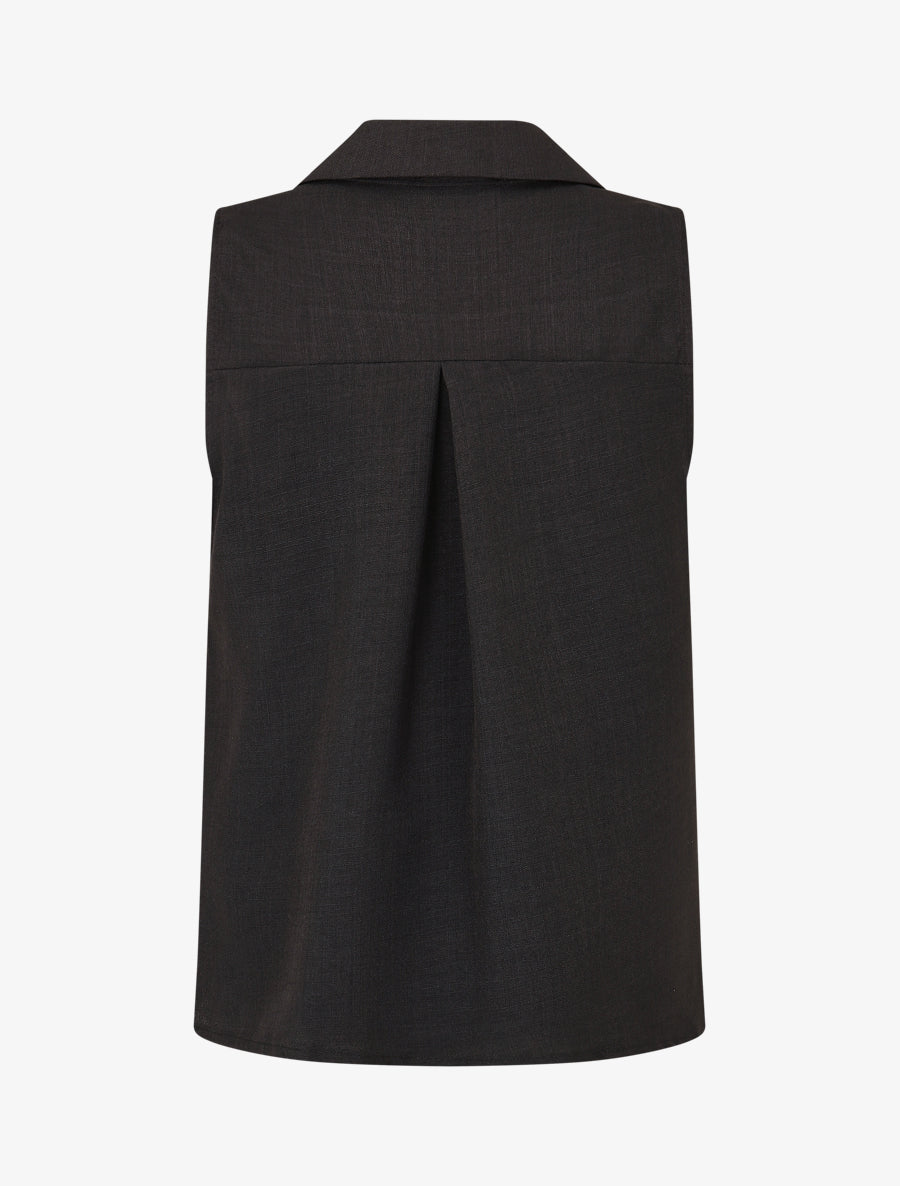Top uni boutonné effet lin - Noir - 2