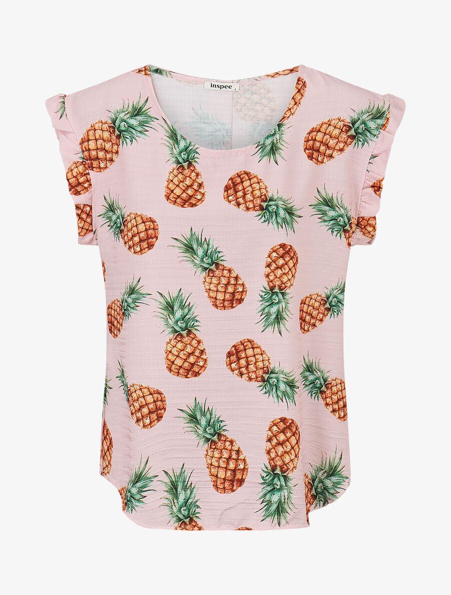 Top à manches volantées imprimé ananas - Rose - 1