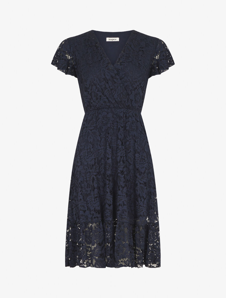 Robe mi-longue en dentelle - Marine - 4
