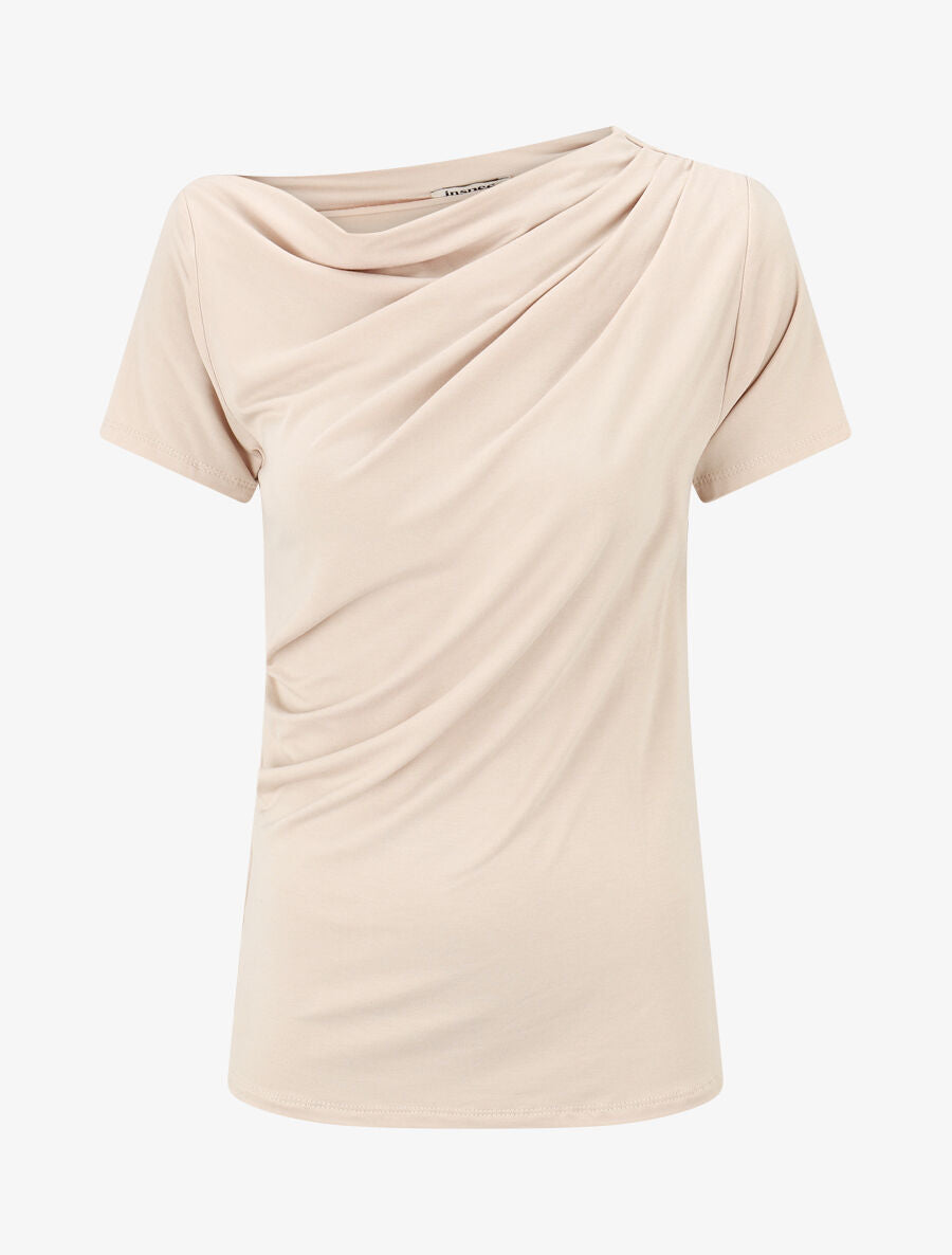Top drapé à manches courtes asymétriques - Beige - 4