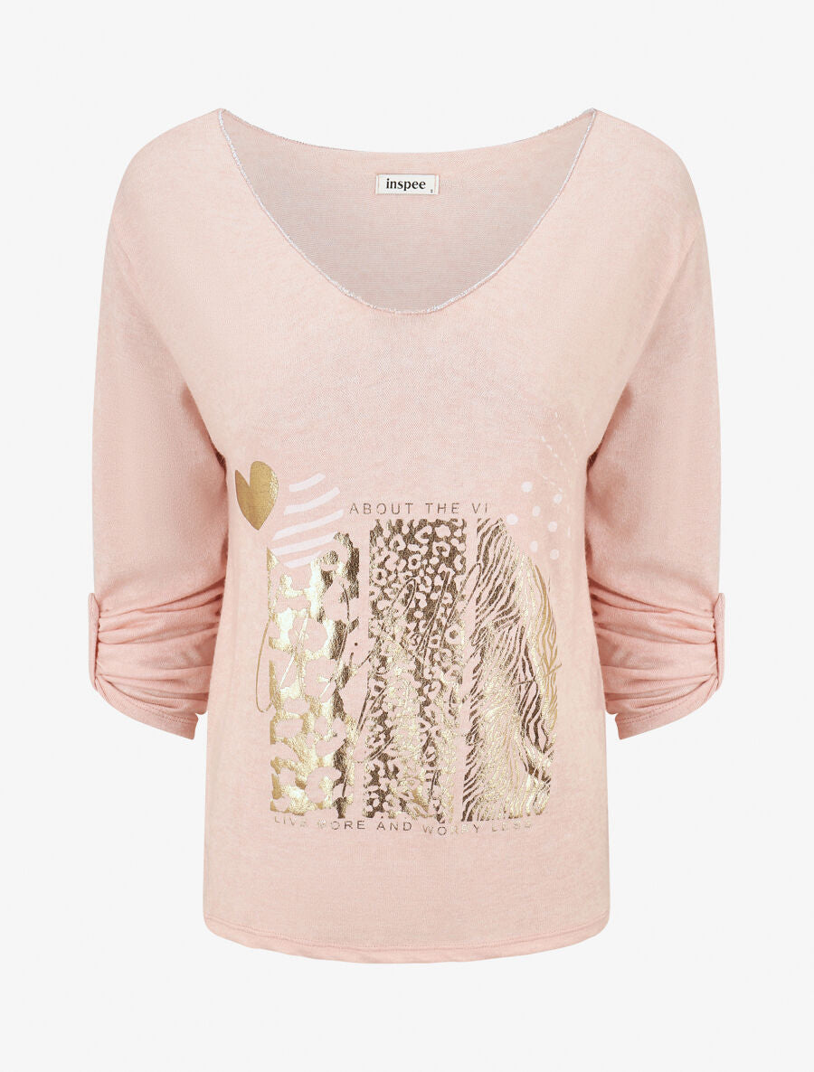 Pull fin à flocage irisé et manches retroussables - Rose - 4