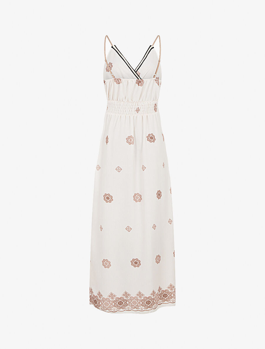Robe longue fines bretelles et motif floral - Écru - 2