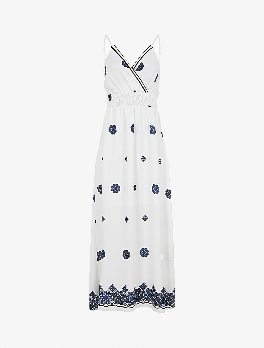 Robe longue fines bretelles et motif floral - Blanc - 4