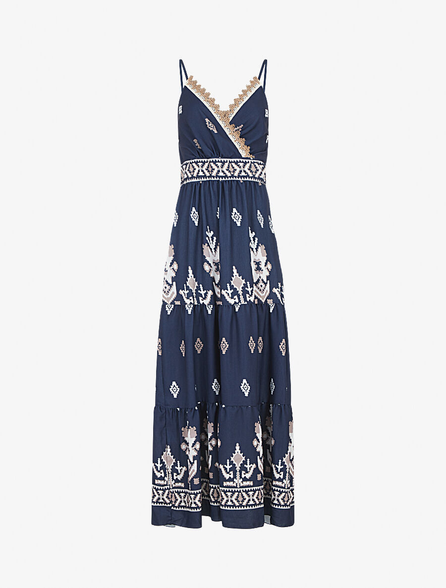 Robe longue à taille élastiquée imprimé ikat - Marine - 4