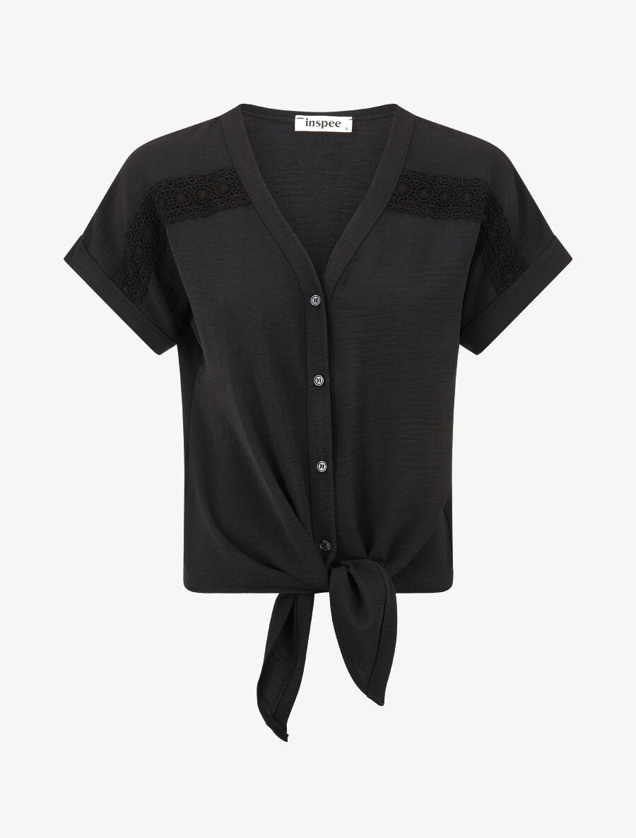 Blouse unie à nouer et détail broderies - Noir - 1