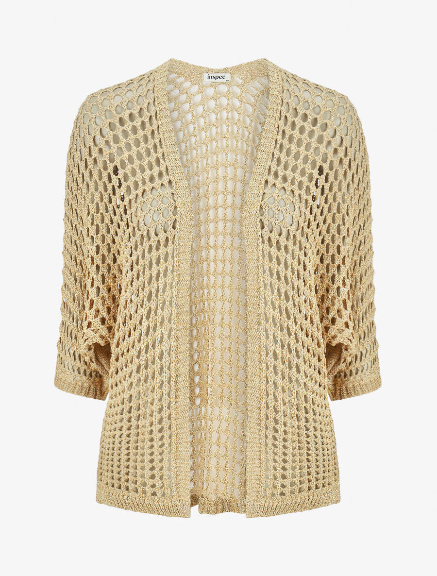 Gilet long en maille ajourée irisée - Or - 1
