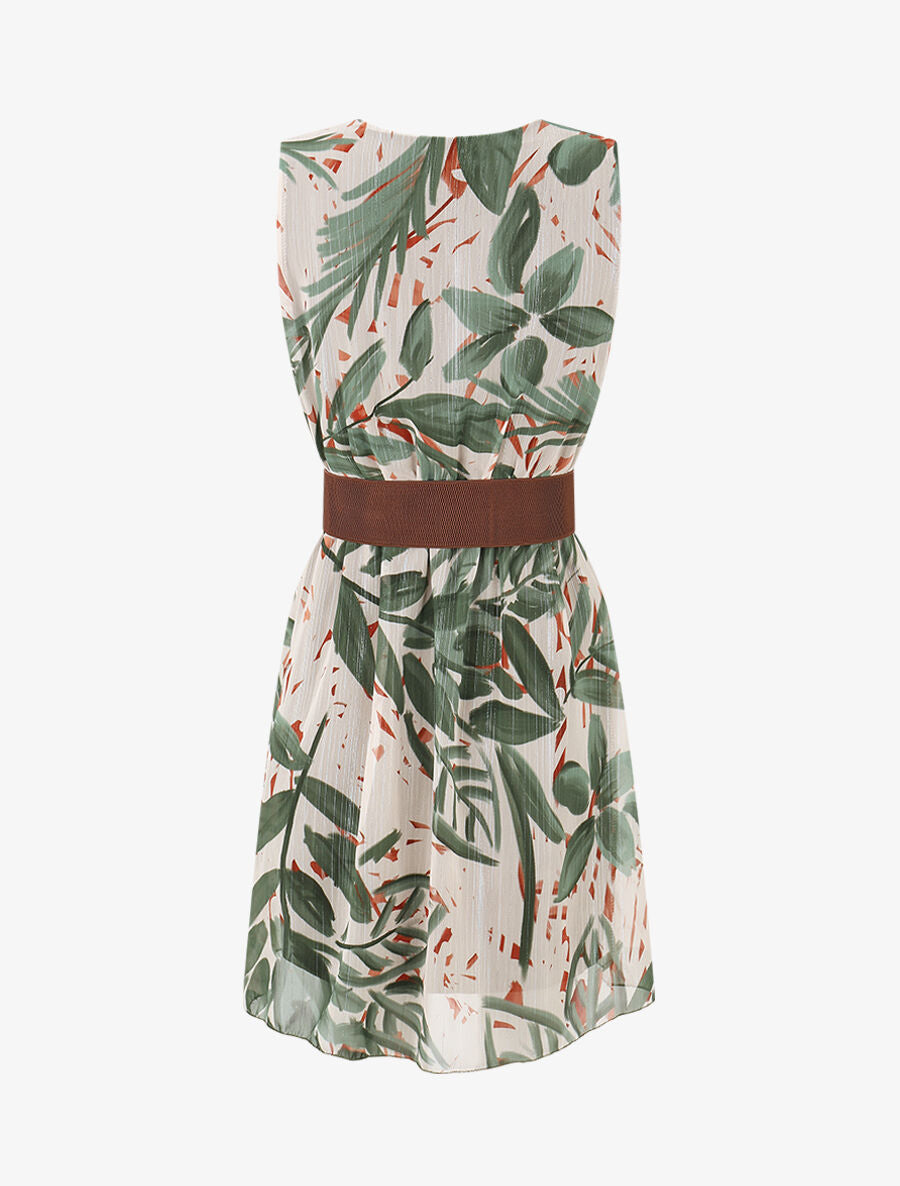 Robe courte sans manches imprimé feuilles irisé - Kaki - 2