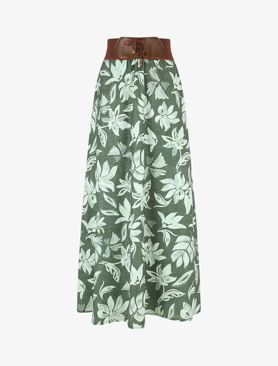 Jupe longue évasée imprimé floral - Kaki - 4