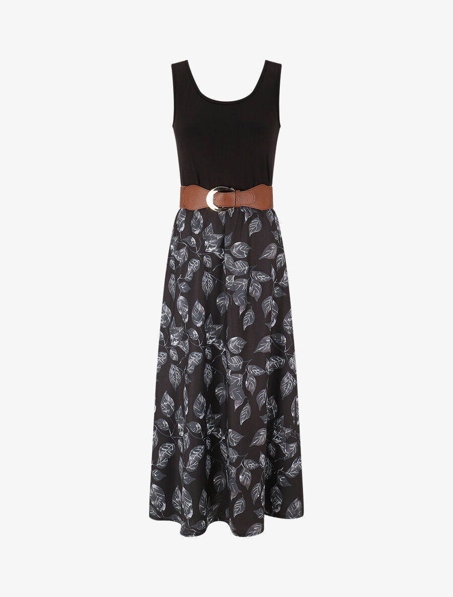 Robe bicolore imprimé feuillage - Noir - 1