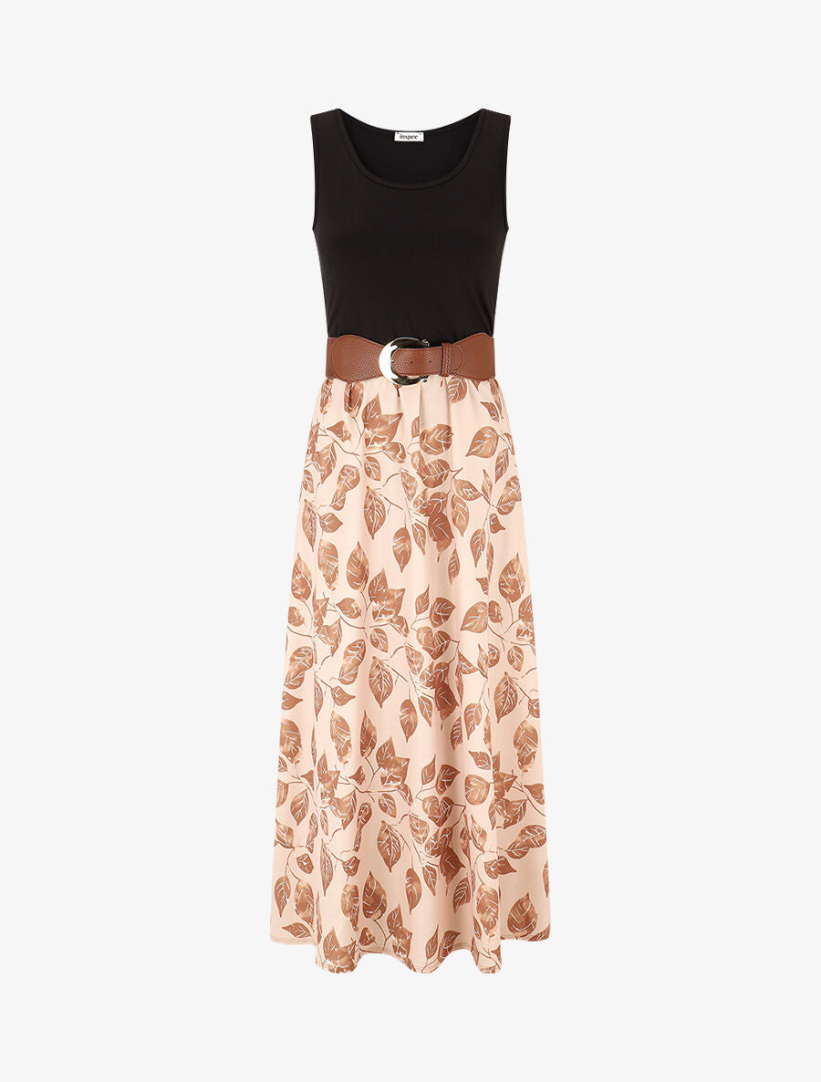 Robe bicolore imprimé feuillage - Camel - 4