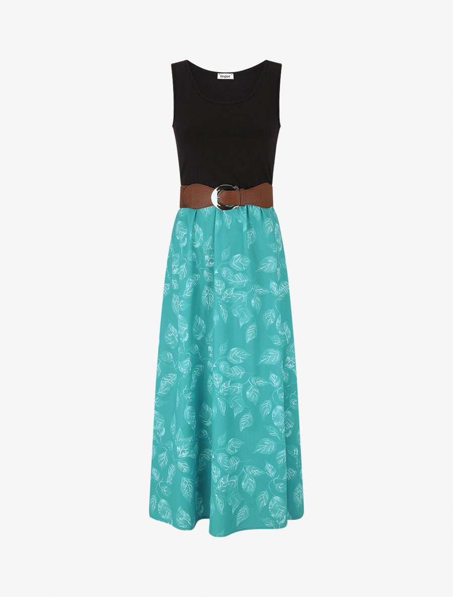 Robe bicolore imprimé feuillage - Vert - 1